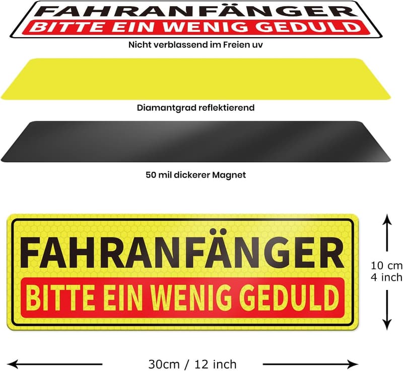 Fahranfänger Magnetschild 30 × 10 cm - Reflektierend, wetterfest, 4 Stück