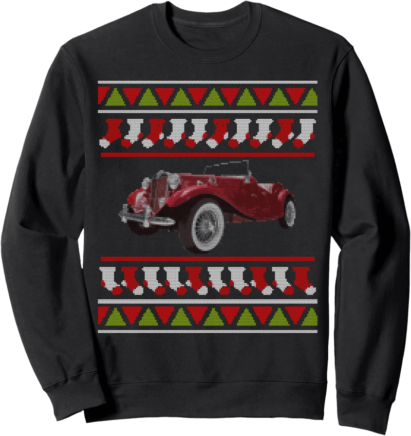 Lustiger Weihnachtspullover mit rotem Oldtimer-Auto