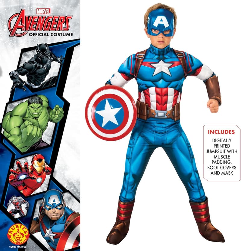 Captain America Kostüm für Kinder, Jumpsuit mit Maske und Stiefelstulpen