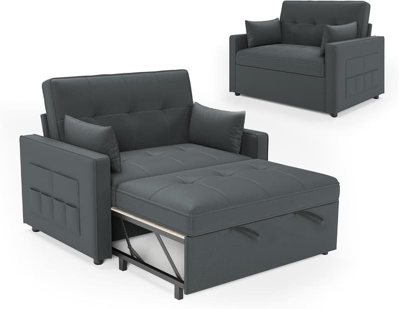 Schlafsofa 3-in-1 mit verstellbarer Rückenlehne und Kissen, graues Leinen