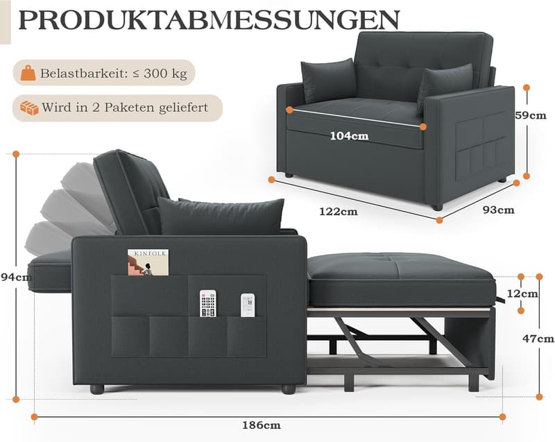 Schlafsofa 3-in-1 mit verstellbarer Rückenlehne und Kissen, graues Leinen