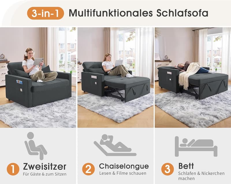 Schlafsofa 3-in-1 mit verstellbarer Rückenlehne und Kissen, graues Leinen