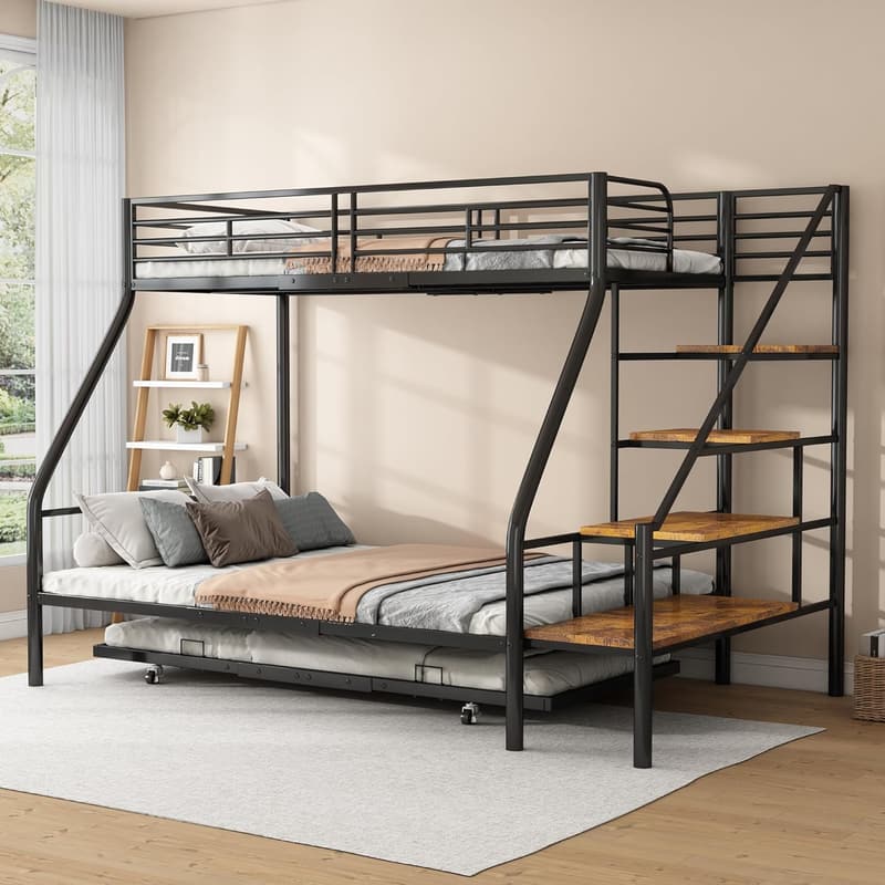 Etagenbett aus Metall 90x200 cm mit Ausziehbett und Ablageleiter für alle Altersgruppen