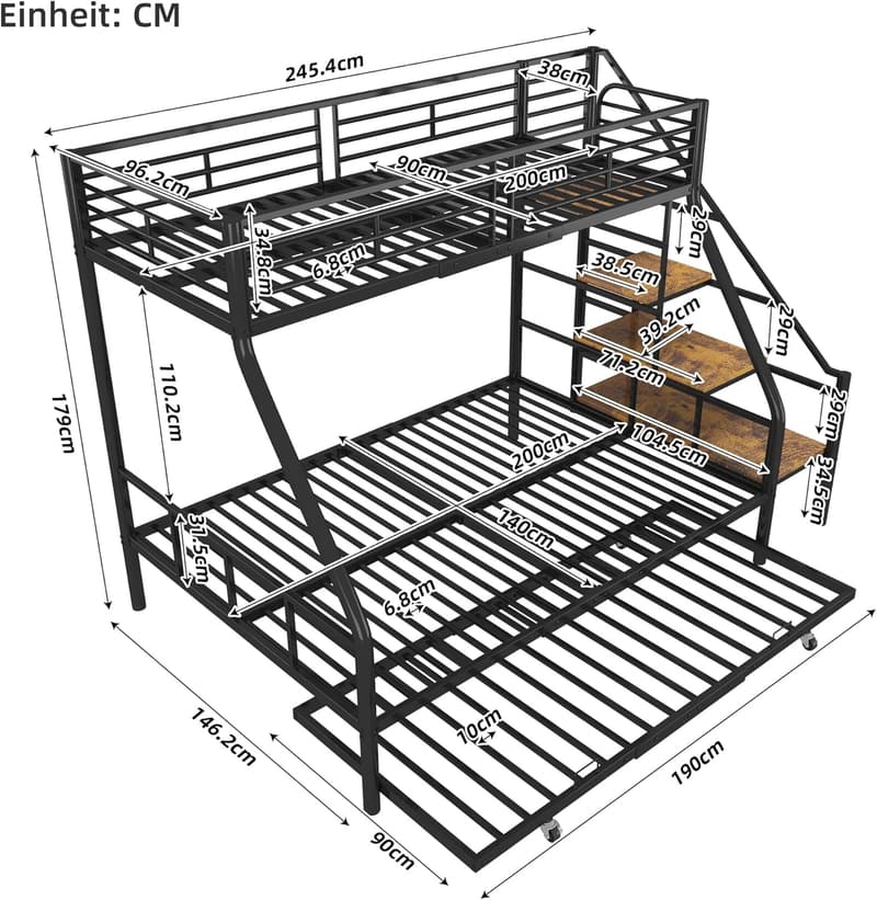 Etagenbett aus Metall 90x200 cm mit Ausziehbett und Ablageleiter für alle Altersgruppen