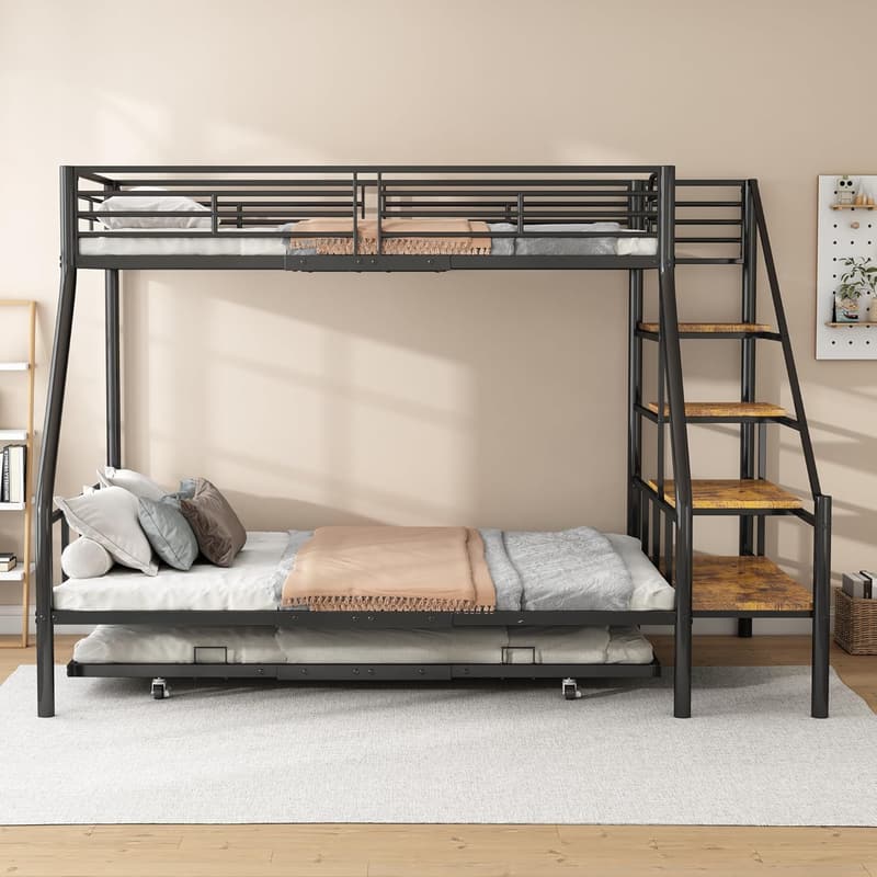 Etagenbett aus Metall 90x200 cm mit Ausziehbett und Ablageleiter für alle Altersgruppen