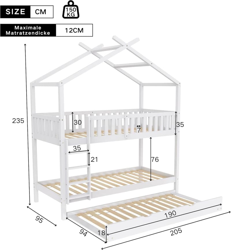 Hochbett für Kinder 90x200, Massivholz mit Ausziehbett und Rausfallschutz