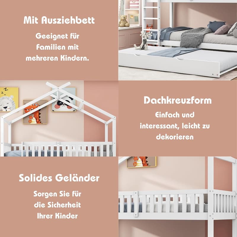 Hochbett für Kinder 90x200, Massivholz mit Ausziehbett und Rausfallschutz
