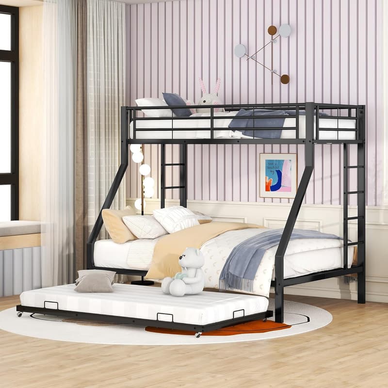 Etagenbett aus Metall 90x200 cm für Kinder mit Ausziehbett, Schwarz