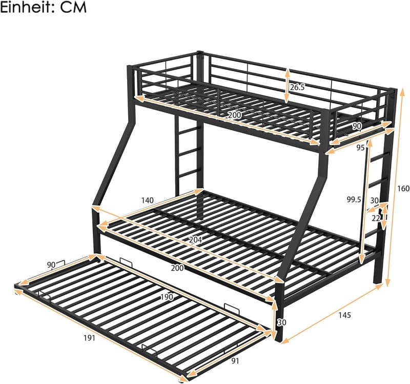 Etagenbett aus Metall 90x200 cm für Kinder mit Ausziehbett, Schwarz