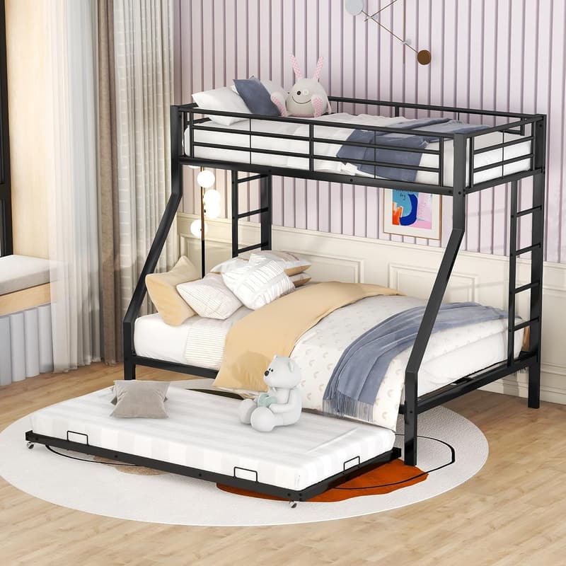 Etagenbett aus Metall 90x200 cm für Kinder mit Ausziehbett, Schwarz