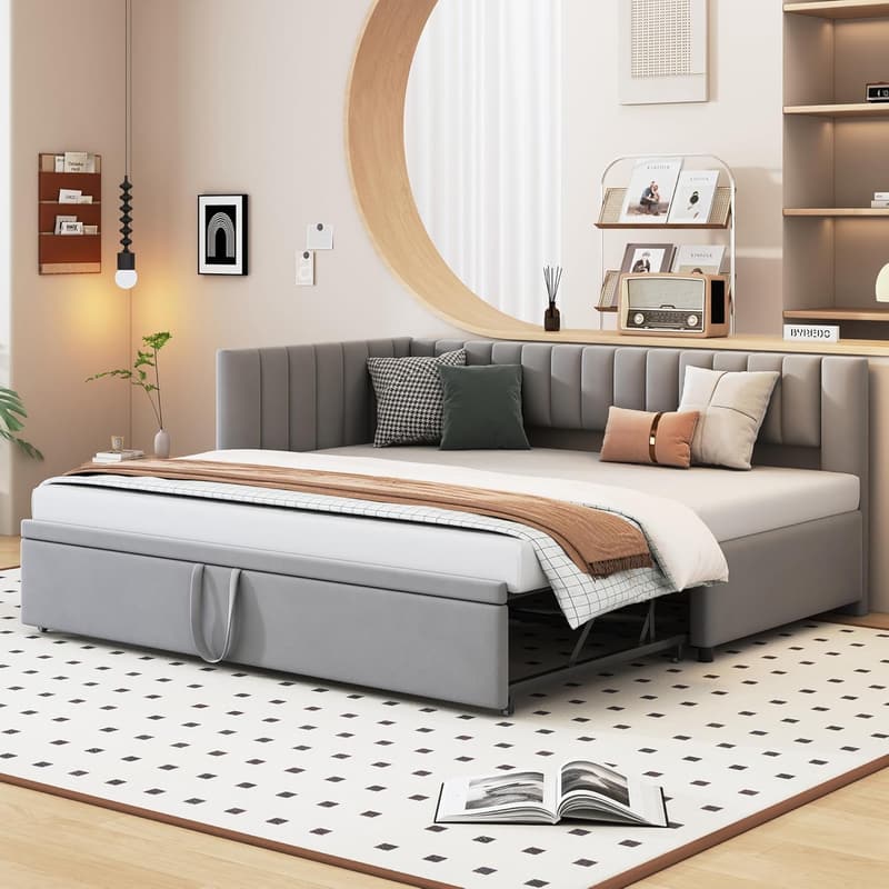 Multifunktionales Schlafsofa mit Ausziehbett in Grau, platzsparend