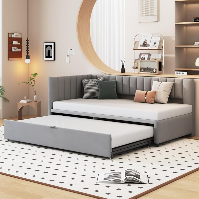 Multifunktionales Schlafsofa mit Ausziehbett in Grau, platzsparend