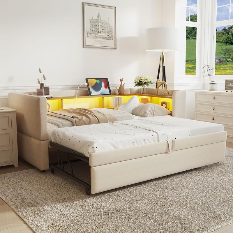 Multifunktionales Schlafsofa mit LED-Beleuchtung und Ablagefächern, Beige