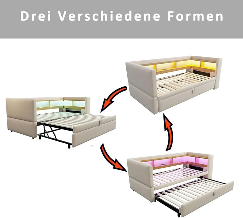 Multifunktionales Schlafsofa mit LED-Beleuchtung und Ablagefächern, Beige