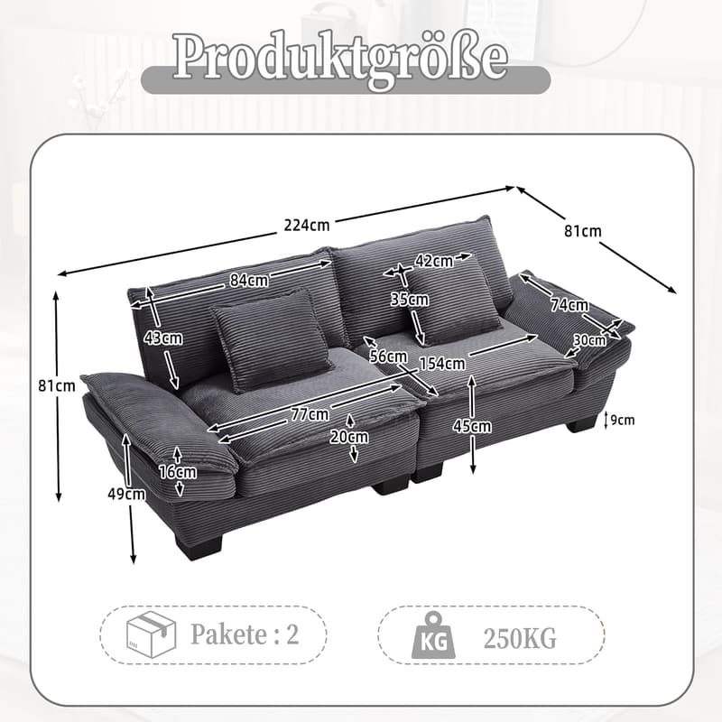 Modernes 2-Sitzer Sofa mit Armlehne und 2 Kissen, dunkelgrau