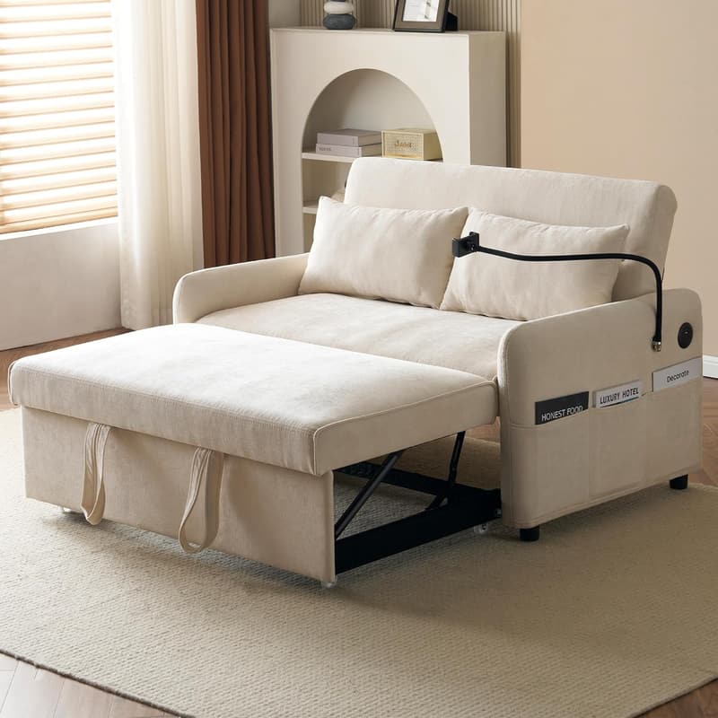 Beige 3-in-1 Schlafsofa mit USB, verstellbarer Rückenlehne und Bettkasten
