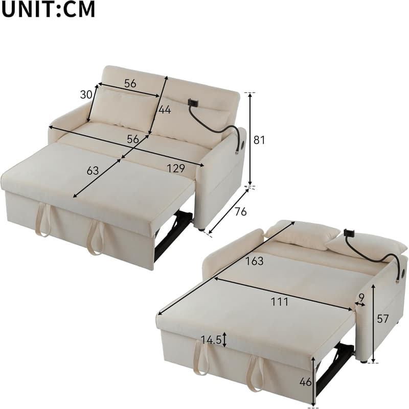 Beige 3-in-1 Schlafsofa mit USB, verstellbarer Rückenlehne und Bettkasten