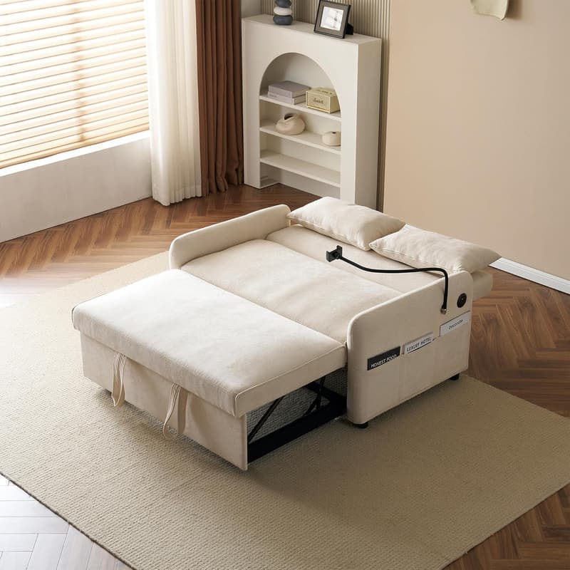 Beige 3-in-1 Schlafsofa mit USB, verstellbarer Rückenlehne und Bettkasten