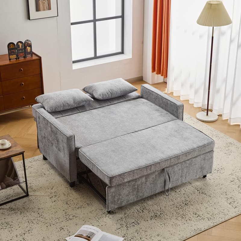 Ausziehbares Schlafsofa in Grau aus Chenille mit 2 Kissen