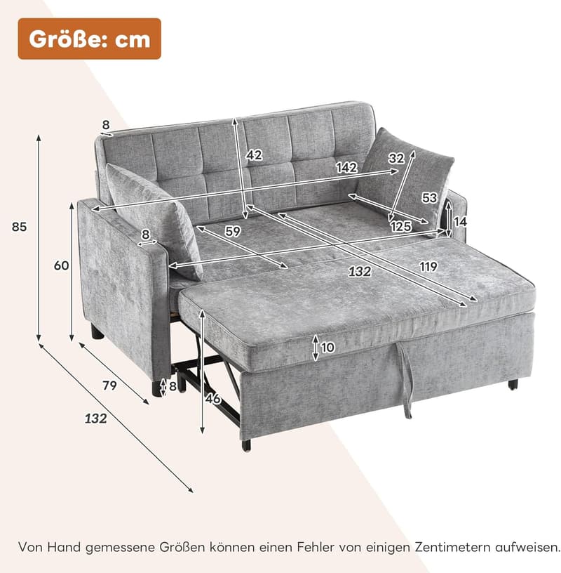 Ausziehbares Schlafsofa in Grau aus Chenille mit 2 Kissen