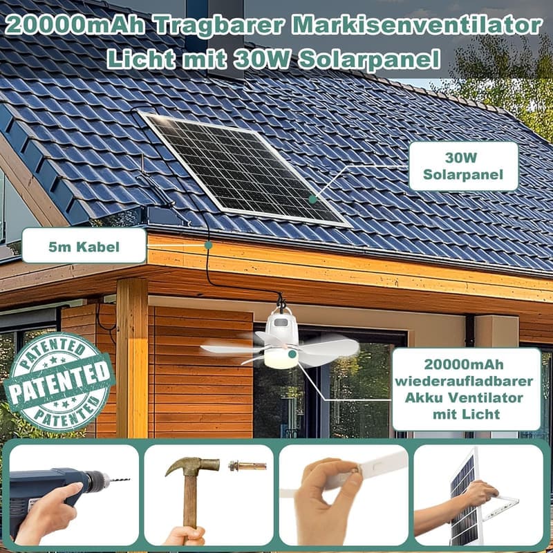 Tragbarer Solar Deckenventilator mit Beleuchtung für Terrasse und Garten