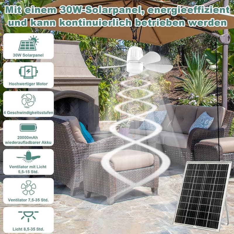 Tragbarer Solar Deckenventilator mit Beleuchtung für Terrasse und Garten