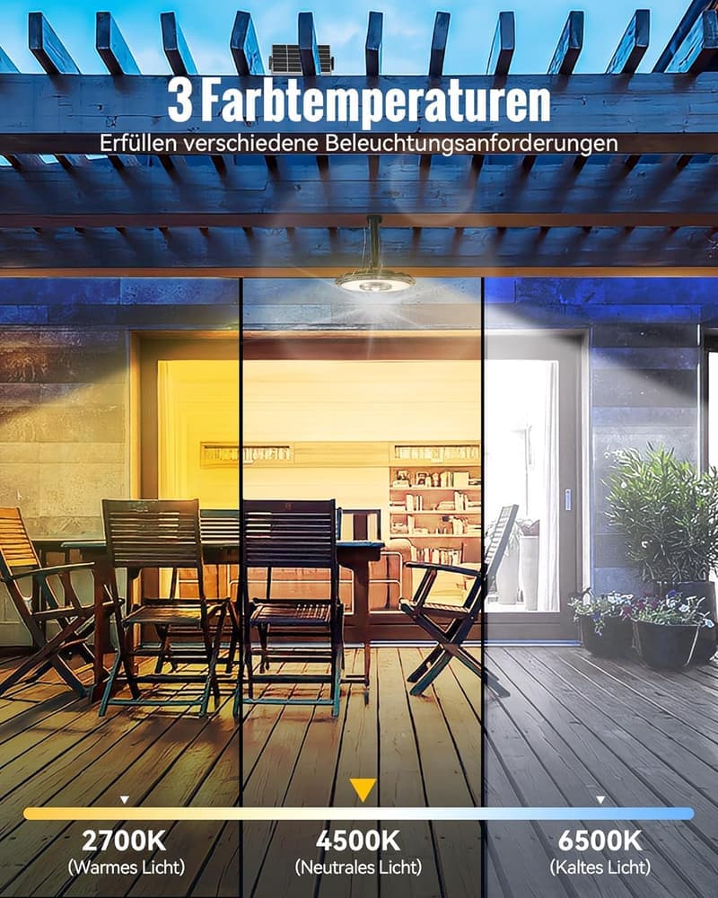 Solar Pendelleuchte mit Bewegungsmelder – 3000LM, IP65, 3 Farben, für Garten und Terrasse