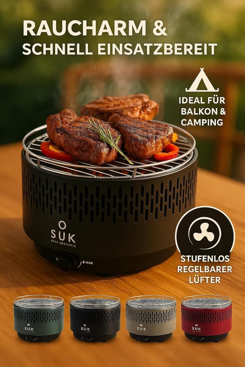 Aktiver Tischgrill mit Lüfter für Outdoor-Camping (Schwarz)