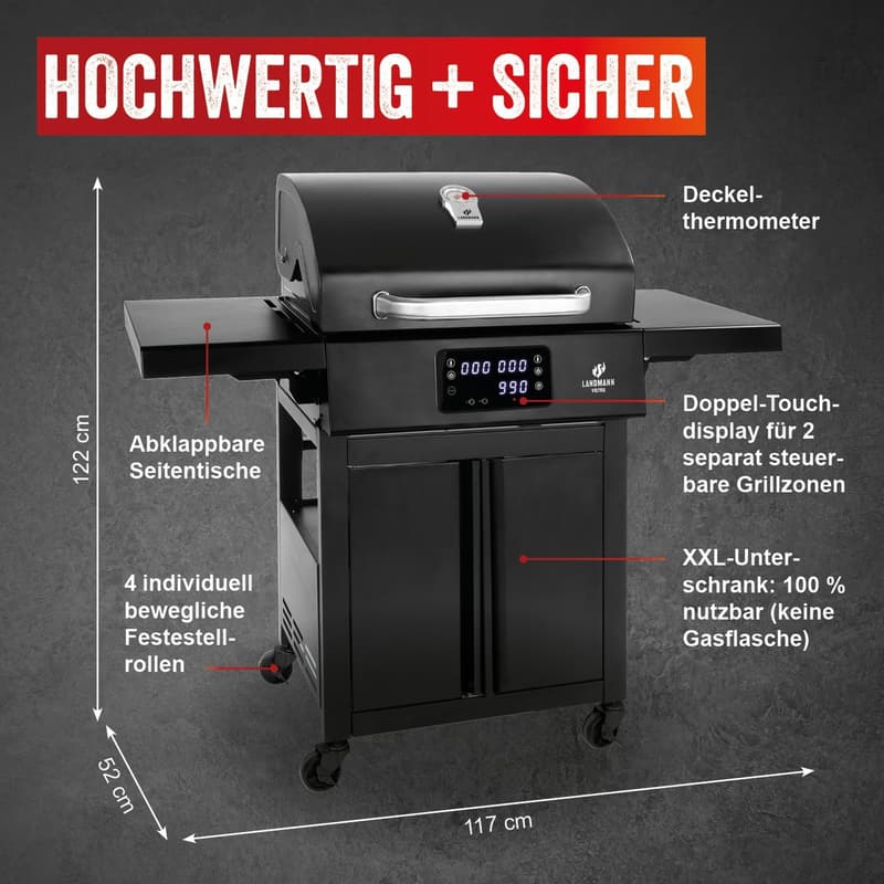 Elektro-Grillwagen 3200W mit 2 Thermometern, 59 x 40,5 cm, schwarz