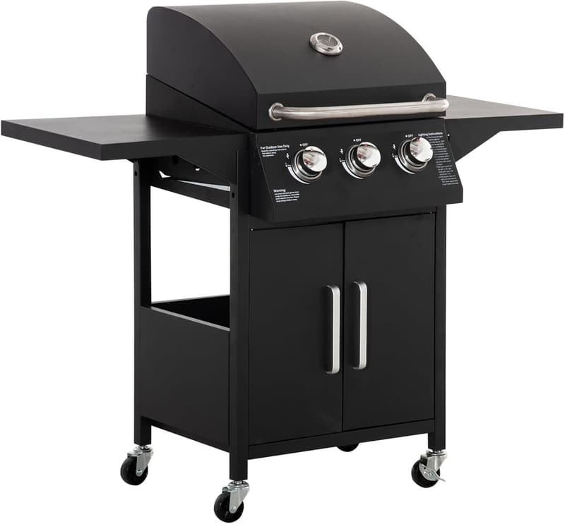 Mobiler 3-Brenner Gasgrill BBQ mit Seitentischen und Druckminderer, schwarz