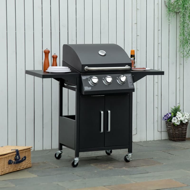 Mobiler 3-Brenner Gasgrill BBQ mit Seitentischen und Druckminderer, schwarz