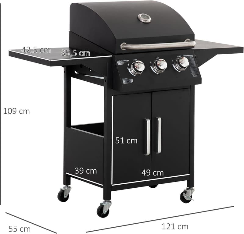 Mobiler 3-Brenner Gasgrill BBQ mit Seitentischen und Druckminderer, schwarz