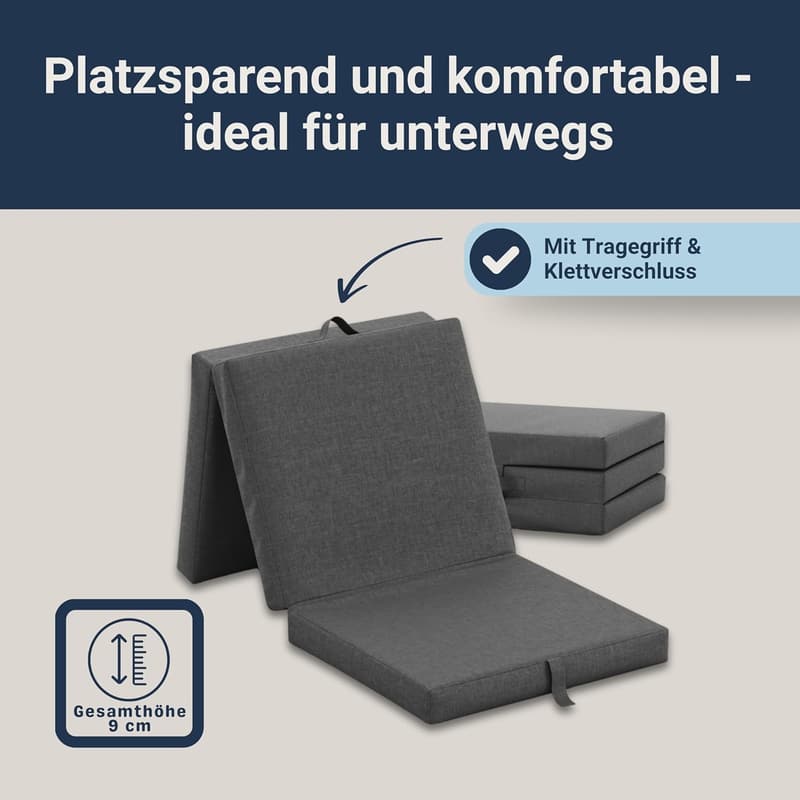 Faltmatratze für unterwegs, 3-teilig, mittelfest, anthrazit