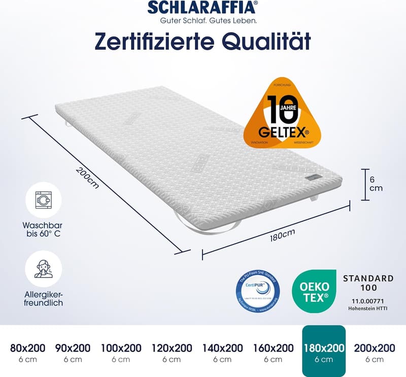 Atmungsaktiver 180x200 cm Gel-Topper für Allergiker, waschbar