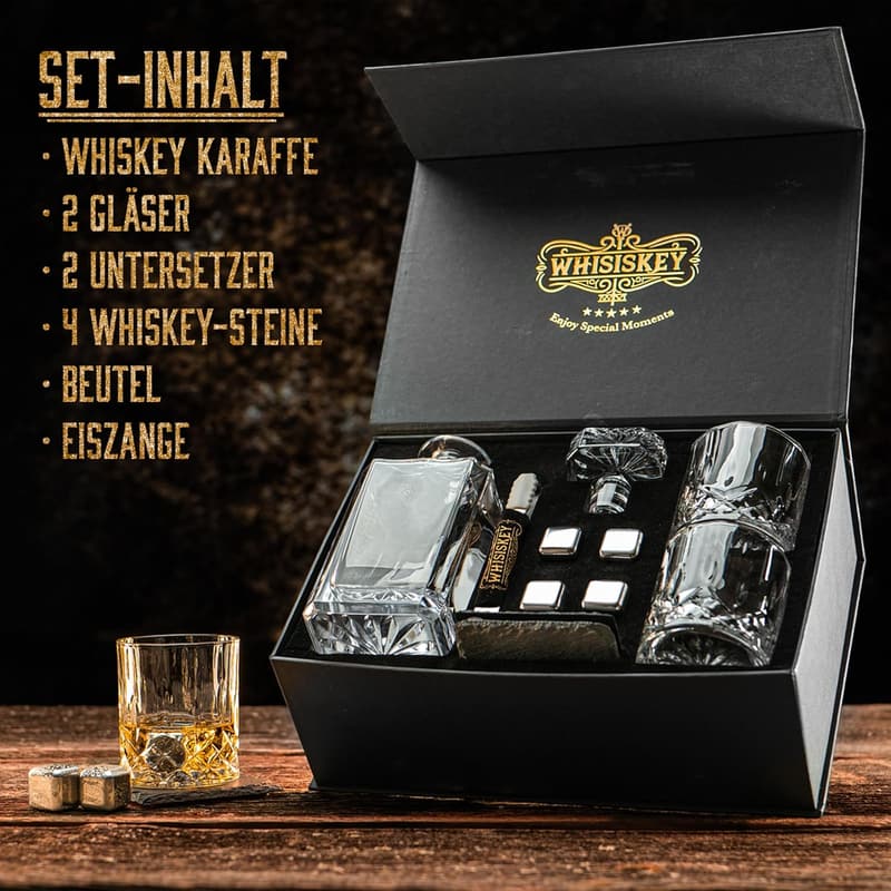 Whisky Geschenkset für Männer - 700ml Karaffe mit 2 Gläsern und 4 Steinen