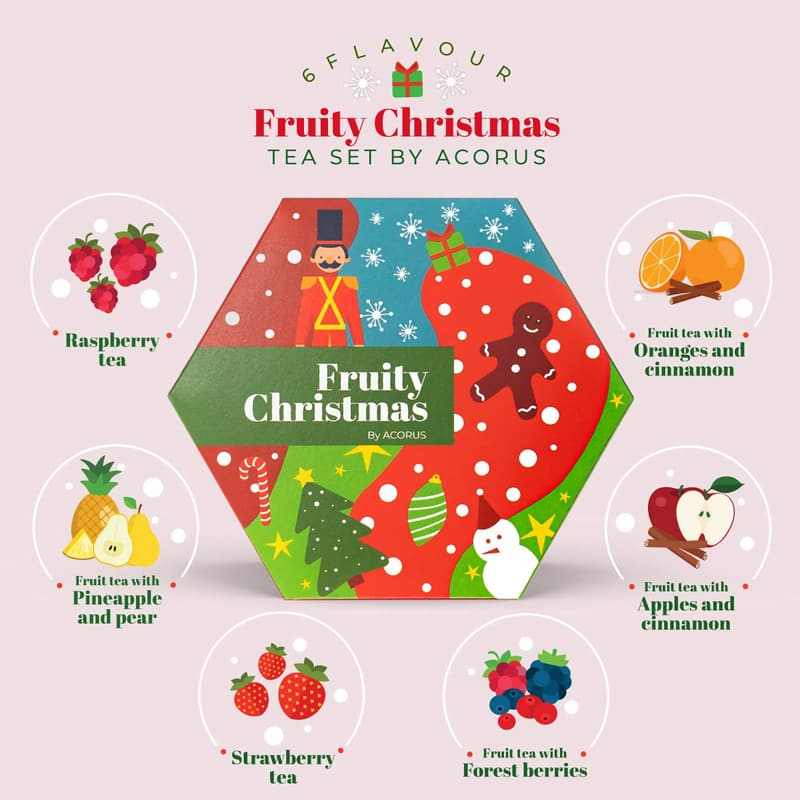 Weihnachts Tee Geschenkset mit 6 Sorten - Natürliche Teeblätter, 60 Beutel