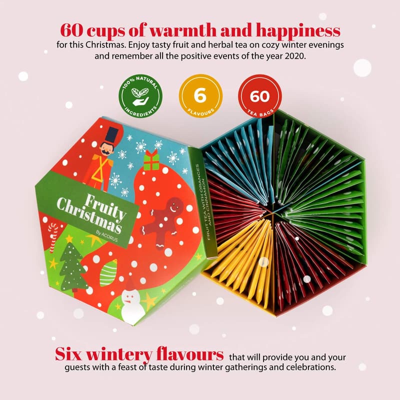 Weihnachts Tee Geschenkset mit 6 Sorten - Natürliche Teeblätter, 60 Beutel