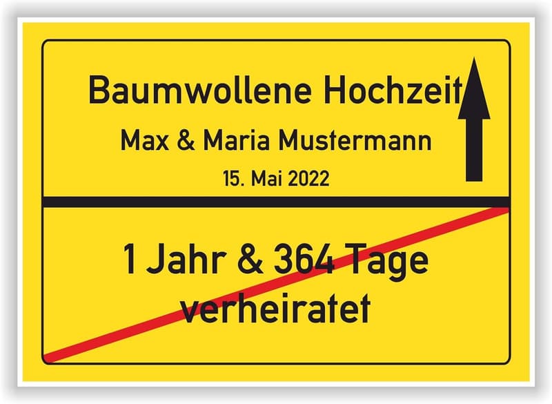 Baumwollene Hochzeit: Ortsschild zur 2. Hochzeitsfeier für Paare