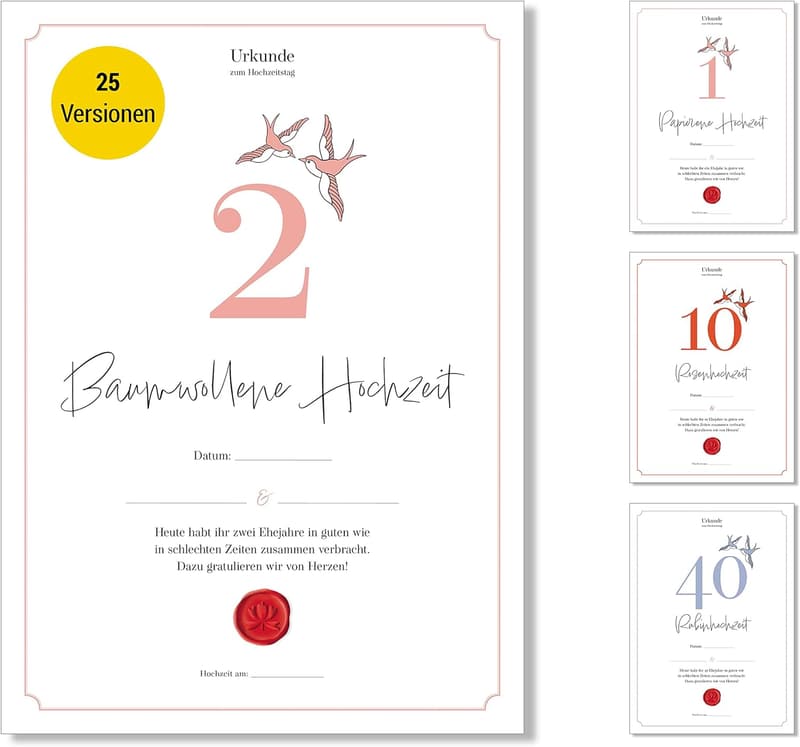 Geschenk zum 2. Hochzeitstag | Urkunde im DIN-A4-Format