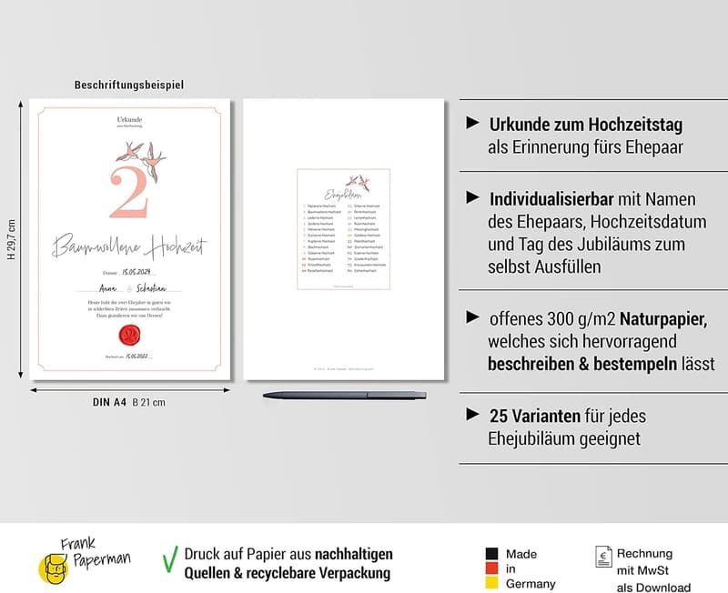 Geschenk zum 2. Hochzeitstag | Urkunde im DIN-A4-Format
