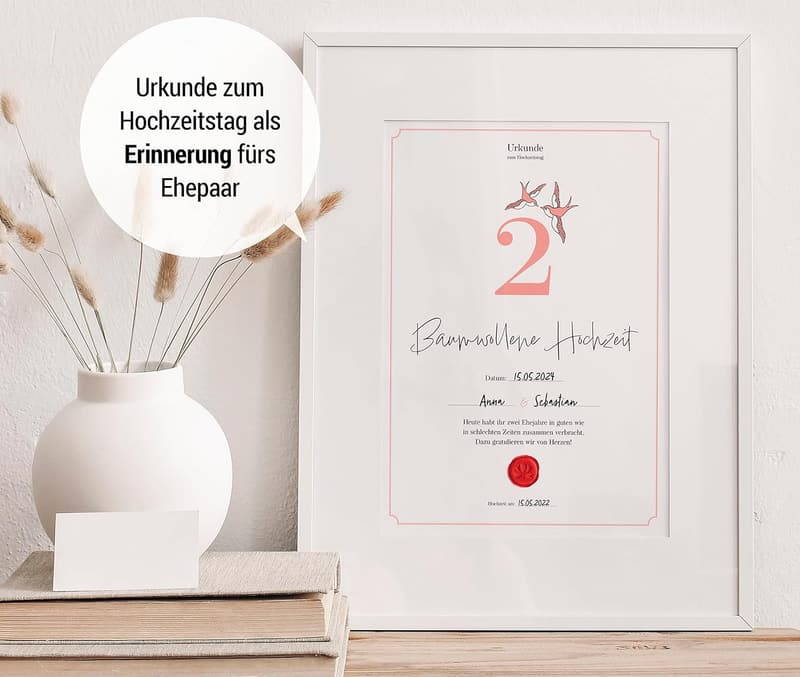 Geschenk zum 2. Hochzeitstag | Urkunde im DIN-A4-Format