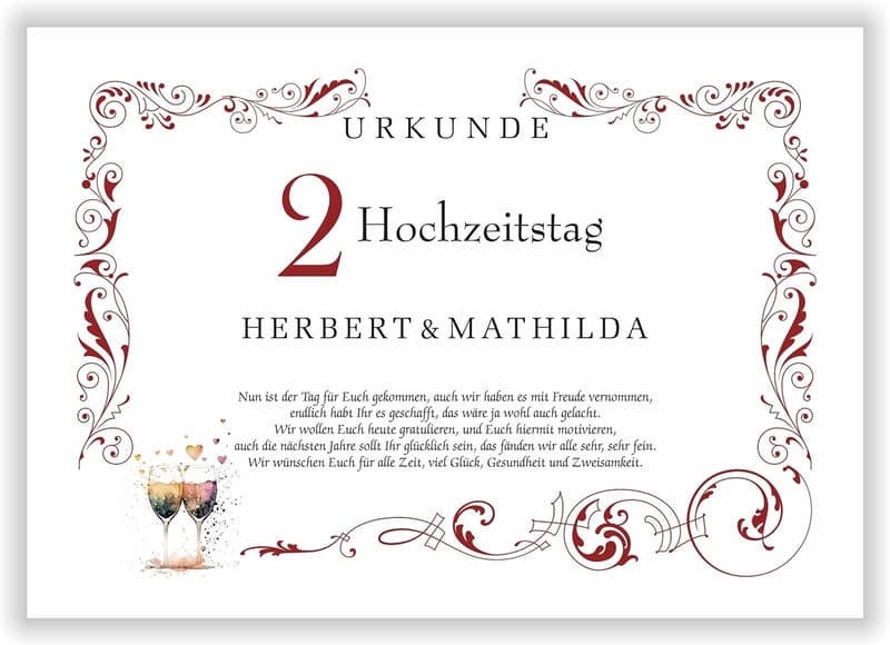 Personalisierte Urkunde zur Baumwollhochzeit für Paare