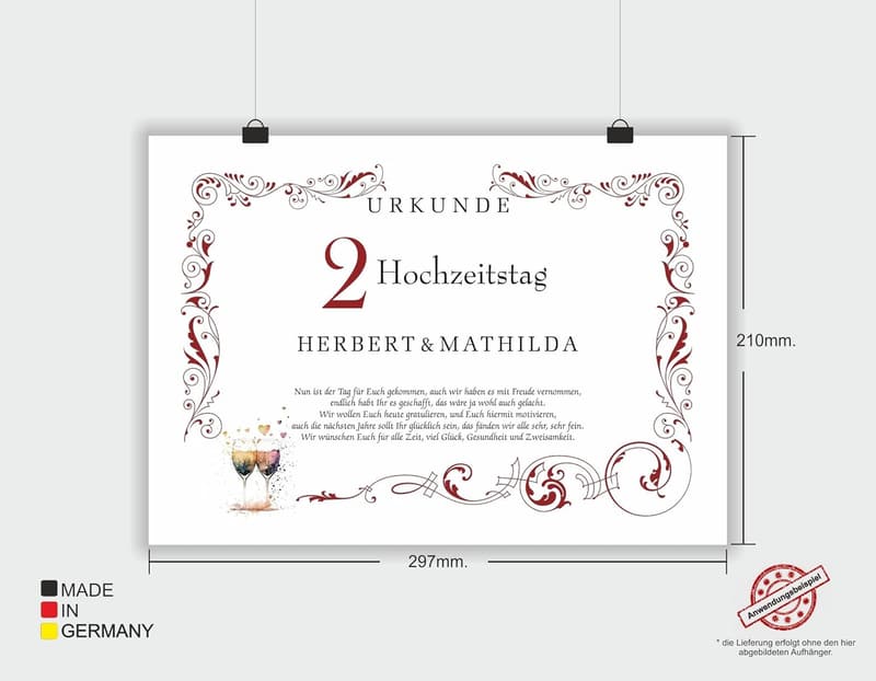 Personalisierte Urkunde zur Baumwollhochzeit für Paare