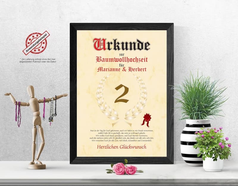 Zwei Jahre Baumwollhochzeit – Personalisierte Urkunde DIN A4