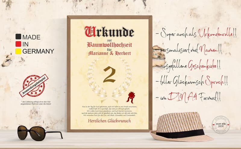 Zwei Jahre Baumwollhochzeit – Personalisierte Urkunde DIN A4