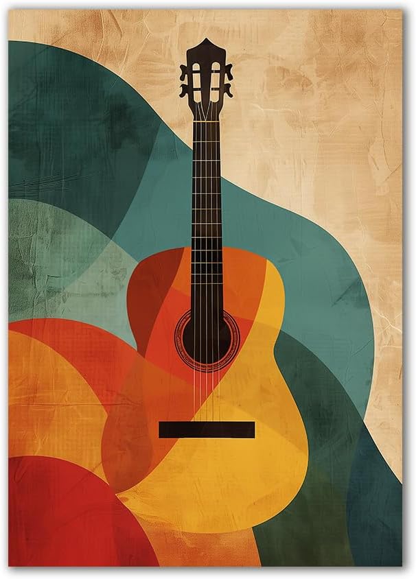 Abstraktes Gitarrenbild in Grün & Orange für Musikliebhaber (A3)