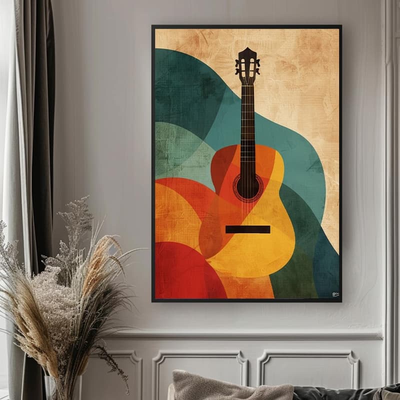 Abstraktes Gitarrenbild in Grün & Orange für Musikliebhaber (A3)