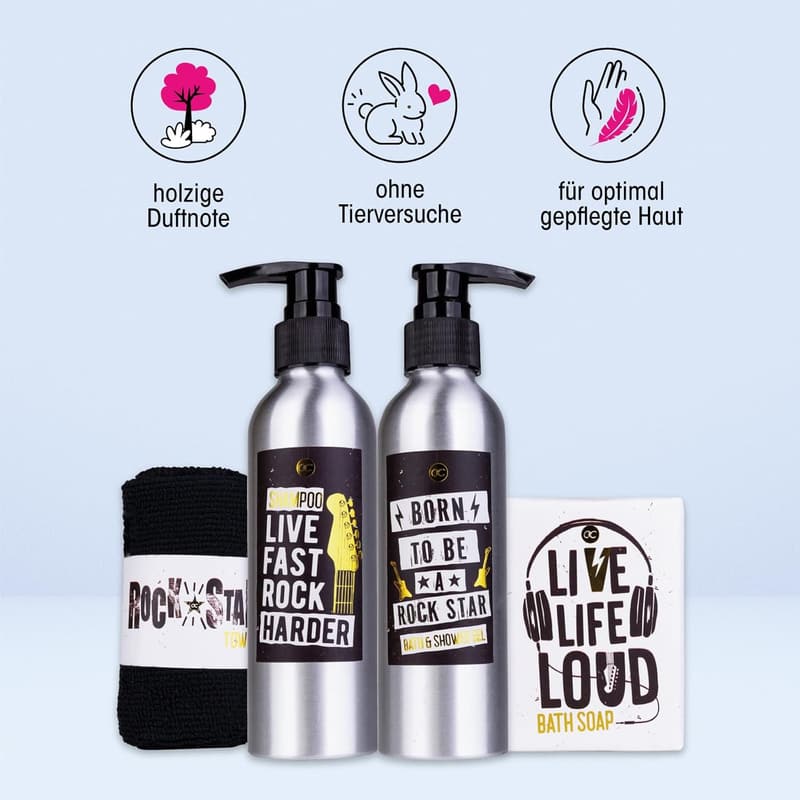 Geschenkset „Metallgitarre“ mit Duschgel, Bodylotion & Seife für Männer