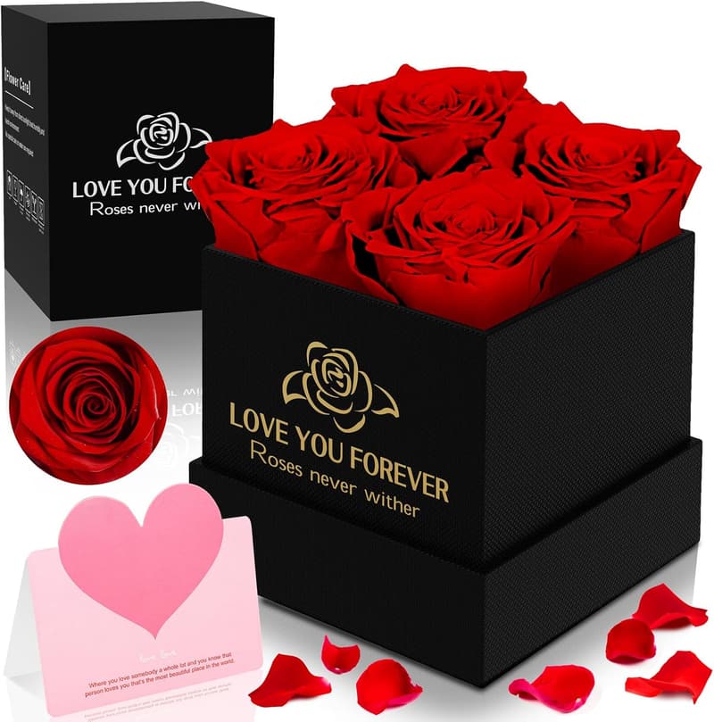 Ewige Rosenbox mit 4 konservierten Rosen für Frauen
