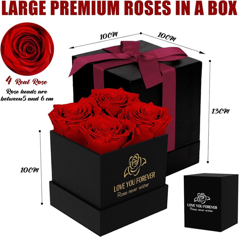 Ewige Rosenbox mit 4 konservierten Rosen für Frauen